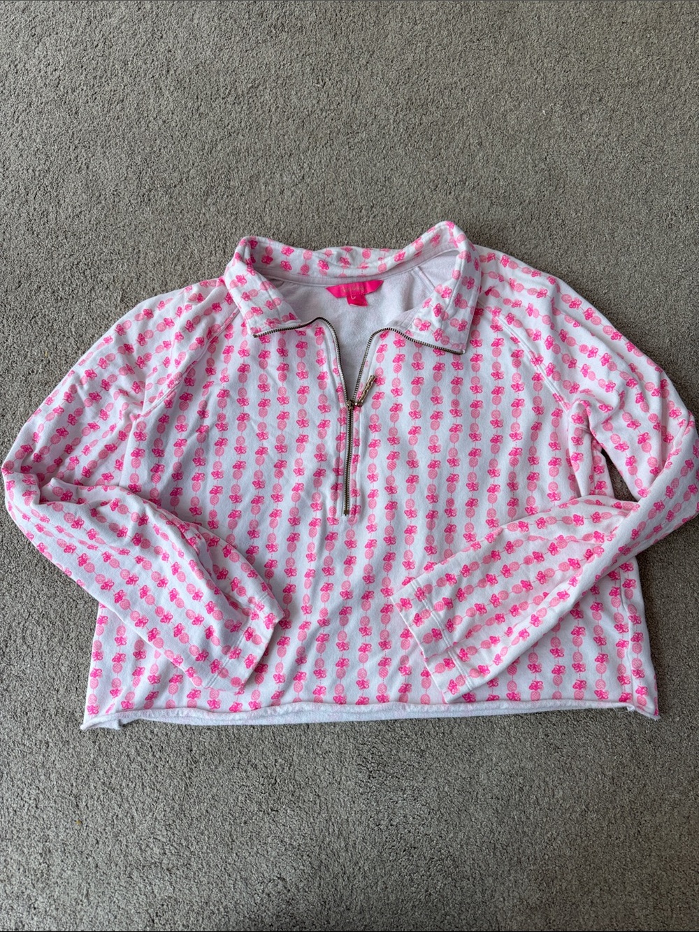 Lilly Pulitzer White Sweatshirt with Neon Pink Floral Print and Half-Zip
